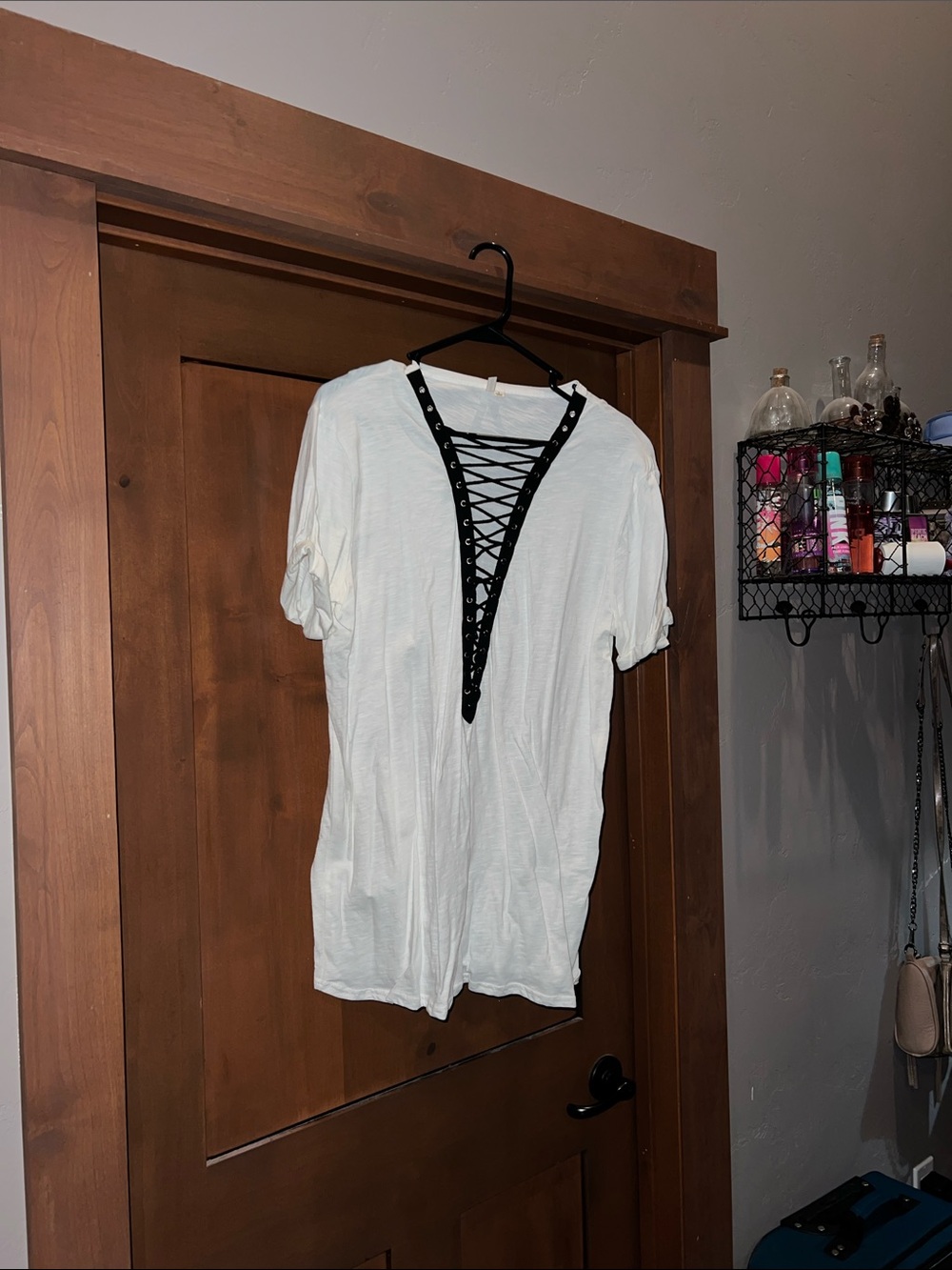 Trend Shop-Short Sleeve Tee w/ Deep V and Lace-Up Detail-White/Black